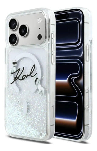 Funda Para iPhone 17 Pro Karl Lagerfeld Choupette Liquid Glitter Transparente