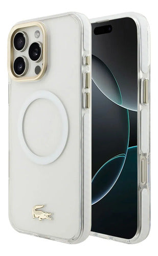 Funda Para iPhone 16 Pro Max Lacoste Gold Magsafe Original Blanco Gold