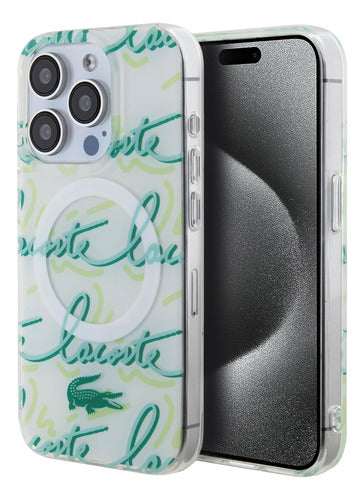 Funda Para iPhone 15 Pro Max Lacoste Script Con Magsafe Pc Blanco Script