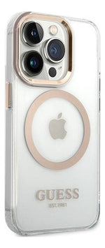 Funda Para iPhone 15 Pro Max Outline Guess Con Bordes Dorados Compatible Con Magsafe Elegante Protección Premium Anillo