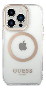 Funda Para iPhone 15 Pro Max Outline Guess Con Bordes Dorados Compatible Con Magsafe Elegante Protección Premium Anillo