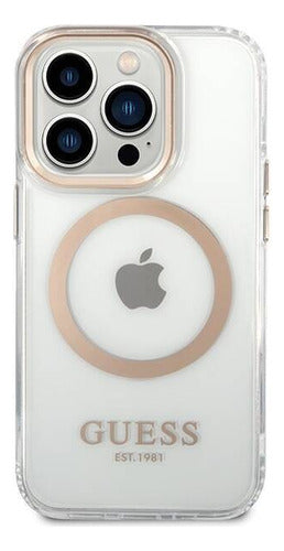 Funda Para iPhone 15 Pro Max Outline Guess Con Bordes Dorados Compatible Con Magsafe Elegante Protección Premium Anillo