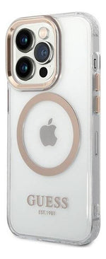 Funda Para iPhone 15 Pro Max Outline Guess Con Bordes Dorados Compatible Con Magsafe Elegante Protección Premium Anillo
