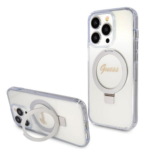 Funda Para iPhone 15 Pro Max Guess Metal Stand Con Soporte Anillo Compatible Magsafe Case Antiarañazos Pc/tpu Reforzada