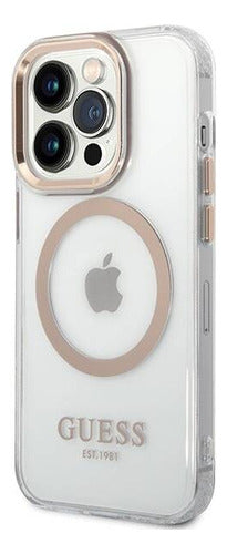 Funda Para iPhone 15 Pro Outline Guess Con Bordes Dorados Compatible Con Magsafe Elegante Protección Premium Anillo Magn