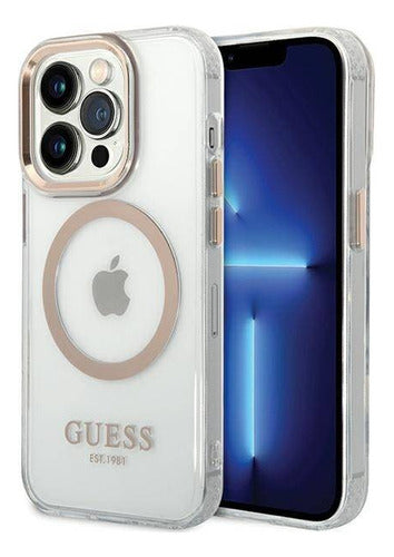 Funda Para iPhone 15 Pro Outline Guess Con Bordes Dorados Compatible Con Magsafe Elegante Protección Premium Anillo Magn