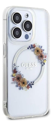 Funda Para iPhone 15 Pro Max Guess Magsafe Con Anillo Floral Transparente Flowers