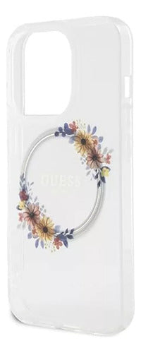 Funda Para iPhone 14 Pro Max Guess Magsafe Con Anillo Floral Transparente Flowers
