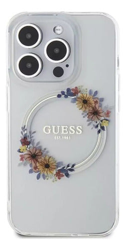 Funda Para iPhone 14 Pro Max Guess Magsafe Con Anillo Floral Transparente Flowers