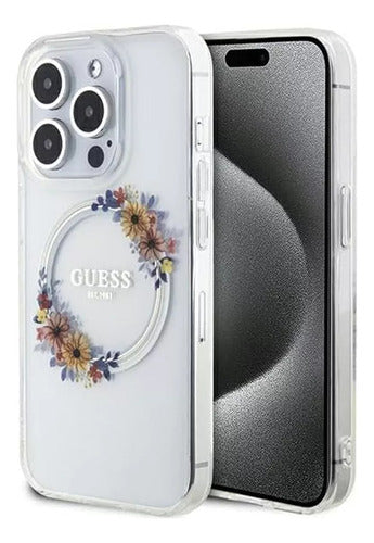 Funda Para iPhone 14 Pro Max Guess Magsafe Con Anillo Floral Transparente Flowers