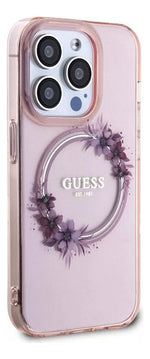 Funda Para iPhone 15 Pro Max Guess Magsafe Con Anillo Floral Rosa Flowers