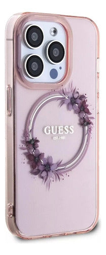 Funda Para iPhone 15 Pro Max Guess Magsafe Con Anillo Floral Rosa Flowers