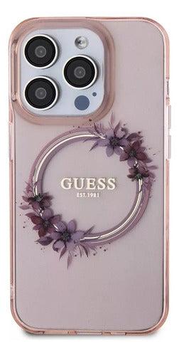 Funda Para iPhone 15 Pro Max Guess Magsafe Con Anillo Floral Rosa Flowers