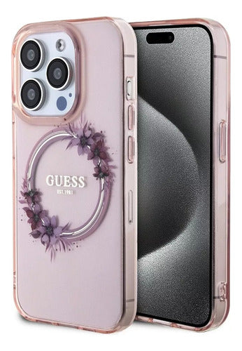 Funda Para iPhone 15 Pro Max Guess Magsafe Con Anillo Floral Rosa Flowers
